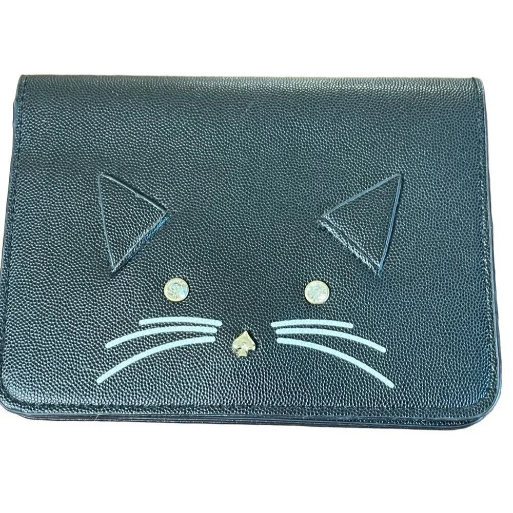 Cat Face Black Leather Wallet Rhinestones Snaps Animal Lover Retro Chic Preppy